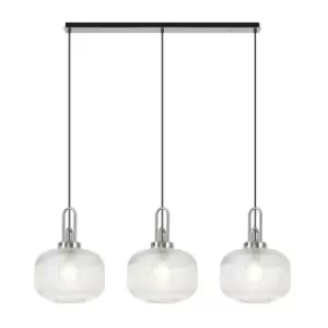 Image of Luminosa Linear 3 Light Pendant E27, Polished Nickel, Matt Black With 30cm Round Ribbed Clear Glass