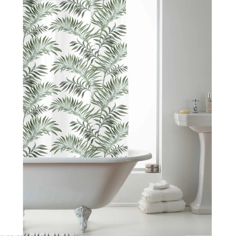 Image of Country Club Shower Curtain with Rings - Leaf Green / White unisex 180x180cm