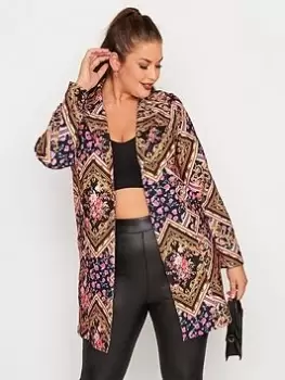 image of Yours Scarf Print Floral Blazer - Navy Blue/Brown, Black, Size 20, Women