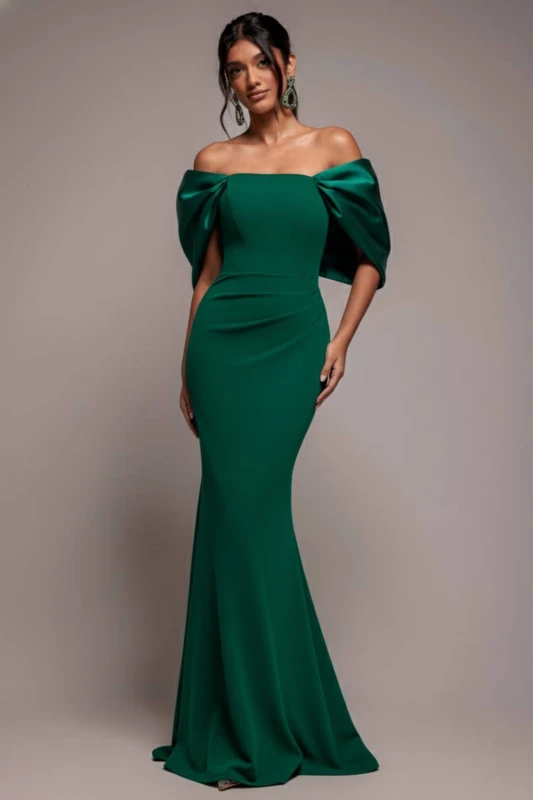 Image of Goddiva Womens Off Shoulder Back Satin Bow Scuba Maxi Dress in Emerald Size: 14 Emerald Female 14