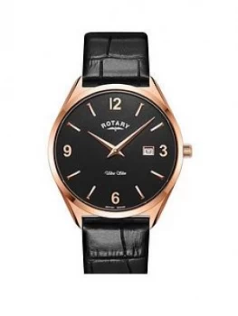 image of Rotary Rotary Black Dial Rose Tone Bezel Black Leather Strap Watch