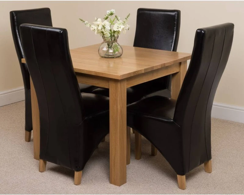 Image of Thats Furniture Oslo 90 x 90cm Oak Small Dining Table & 4 Lola Leather Chairs in Black Unisex 90 x 90 cm