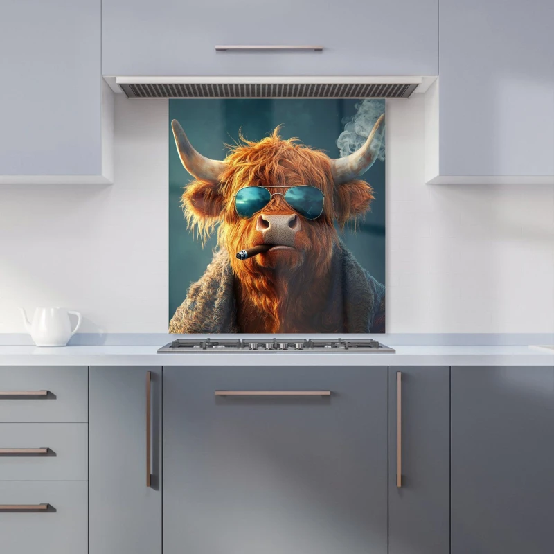 Image of Warren Reed - Designer Highland Cow With Glasses Kitchen Splashback in Blue Size: 600mm x 650mm Blue Unisex 600mm x 650mm