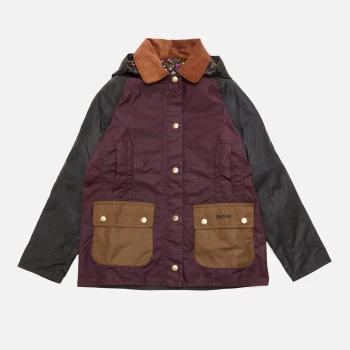 Barbour Girls Hooded Beadnell Wax Jacket - Fern/Bordeaux/Sand/Fuchsia Secret Garden - XL (12-13 Years)