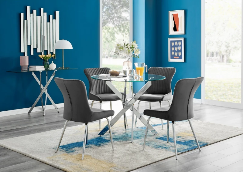 Image of FurnitureboxUK FurnitureboxUK Novara Round Glass Dining Table & 4 Nora Silver Leg Chairs in Dark Grey Dark Grey One Size Unisex 5056657178758
