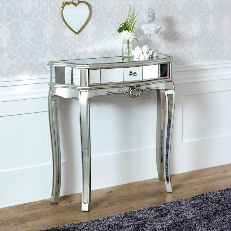 Image of Melody Maison Half Moon Mirrored Console Table - Tiffany Range Silver