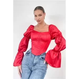 Image of I Saw It First Red Satin Puff Long Sleeve Corset Crop Top - Red