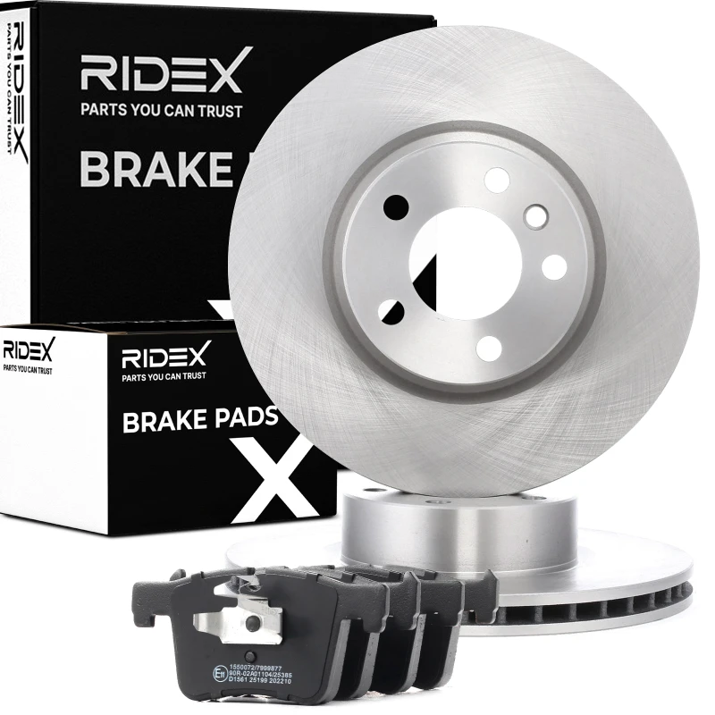 Image of RIDEX 3405B0854 Brake disc and pads set Front Axle, Brake Disc Type: internally vented, with piston clip Brake Set,disc brakes (3405)