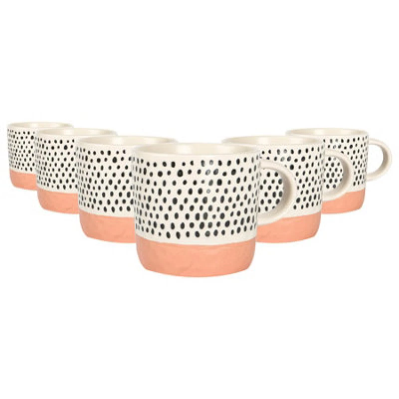 Image of Nicola Spring Ceramic Dipped Dots Coffee Mugs - 385Ml - Pink - Pack Of 6