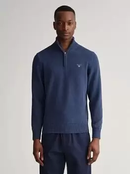 Image of GANT Casual Cotton Half Zip Knitted Jumper - Marine Melange, Marine Navy Melange, Size L, Men