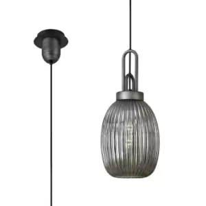 image of Yorktown Ceiling Pendant E27 20cm Almond Ribbed Glass, Smoked Black, Aged Pewter