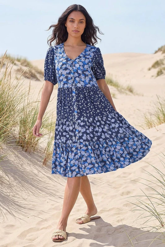 Image of Roman Womens Floral Cotton Blend Tiered Smock Dress in Navy Size: 14 Navy Female 14