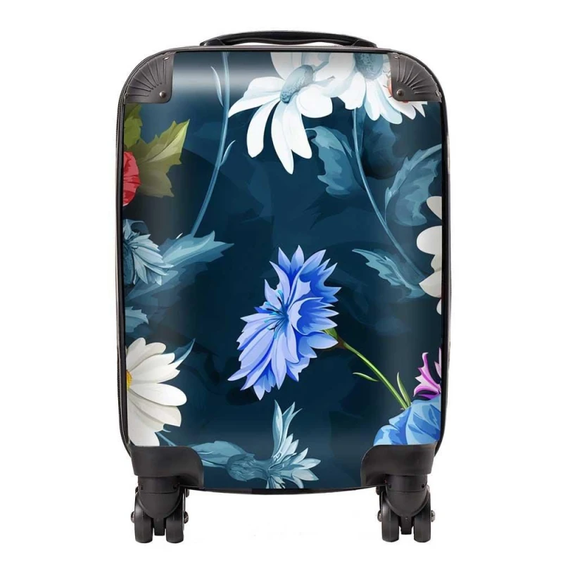 Image of Warren Reed - Designer Poppy Flowers With Chamomile, Leaves, Cornflowers On Dark Blue Suitcase Size: Small Blue Unisex Small