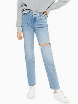 Image of Topshop Bleach Wash Ripped Straight Leg Jeans - Bleached, Bleach Wash Denim, Size 25, Inside Leg 34, Women