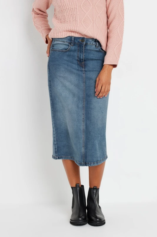 Image of M&Co Petite Petite Midwash Midi Denim Skirt, Blue, Size 12, Women Blue VW9YM Female 12