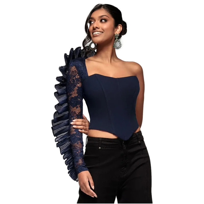Image of Goddiva Asymmetrical Corset with Pleats and Ruffles Women Goddiva Bleu Female 42