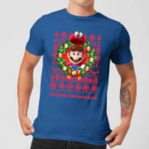 Image of Nintendo Super Mario Mario and Cappy Mens Christmas T-Shirt - Royal Blue - L