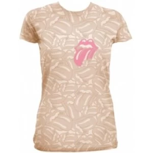 Image of Rolling Stones Tongues All Over Sand Ladies T Shirt: Larg