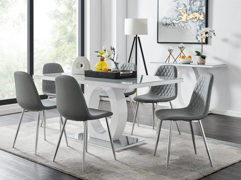 Image of FurnitureboxUK FurnitureboxUK Giovani 6-Seater Grey Glass Dining Table and 6 Corona Faux Leather Dining Chairs Grey One Size Unisex 5056542650567
