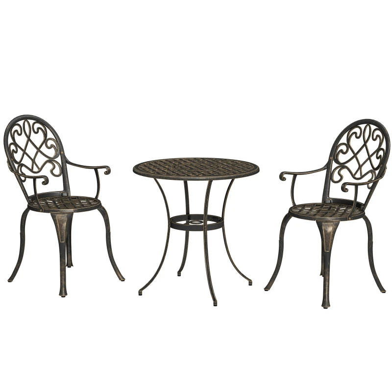 Image of Outsunny 3PCs Bistro Set, Aluminium Garden Table and Chairs Bronze Tone Light Bronze
