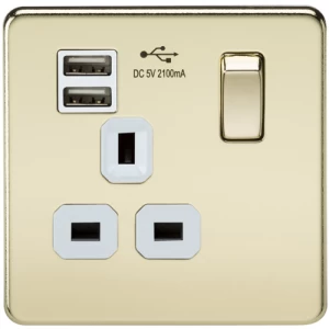 image of KnightsBridge 1G 13A Screwless Polished Brass 1G Switched Socket with Dual 5V USB Charger Ports - White Insert