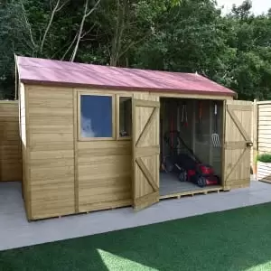 image of Forest Garden Timberdale 12 x 8ft Reverse Apex Double Door Shed with Base & Assembly