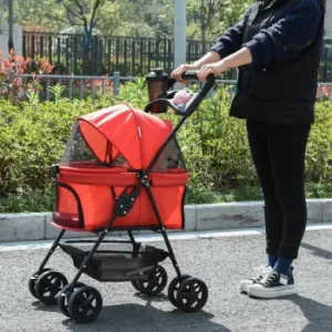 image of PawHut No-Zip Pet Stroller Dog Cat Travel Pushchair One-Click Fold Trolley Jogger with EVA Wheels Brake Basket Adjustable Canopy Safety Leash Red