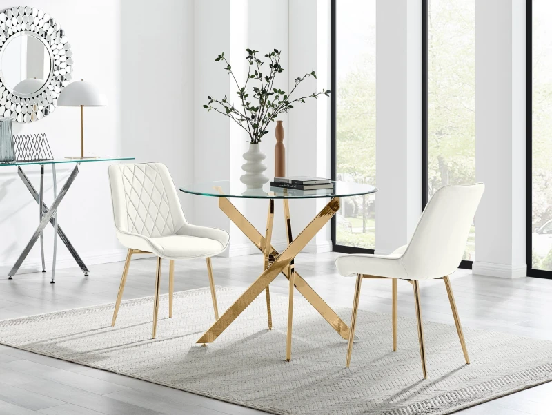 Image of FurnitureboxUK FurnitureboxUK Novara 100cm Round Gold Leg Dining Table & 2 Pesaro Gold Leg Chairs in Cream Cream One Size Unisex 5056784304617
