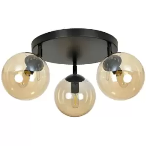 Image of Emibig Tofi Black Globe Ceiling Light with Amber Glass Shades, 3x E14