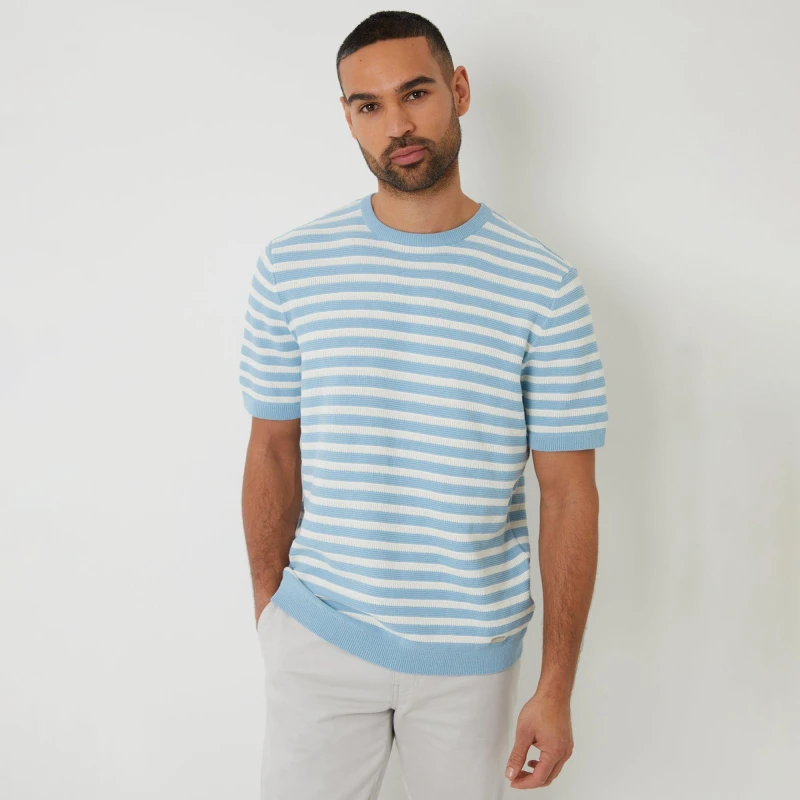 Image of Threadbare Striped Textured Knitted T-Shirt Pale Blue