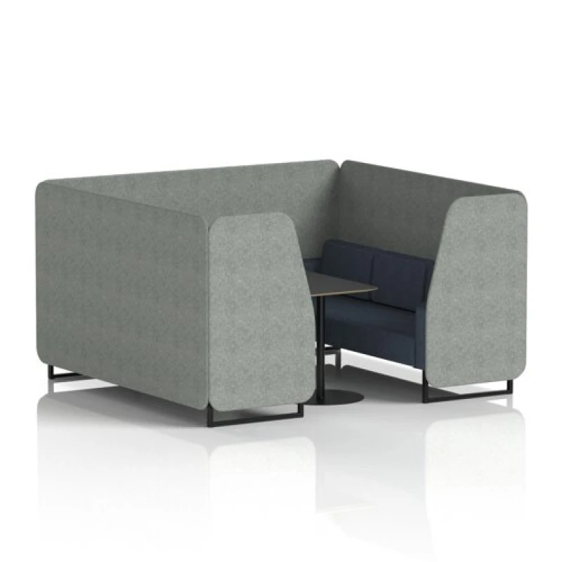 Image of Brixworth 6 Seater Office Booth with Front Panel - Black Legs and Black Table with Black Leg in Rivet Fabric - Prime Panels and Crucible Sofa