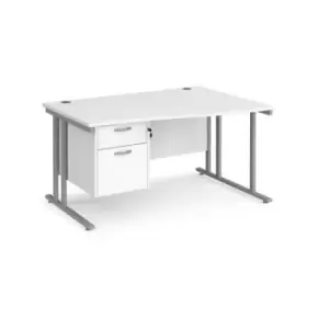 Image of Office Desk Right Hand Wave Desk 1400mm With Pedestal White Top With Silver Frame Maestro 25 MC14WRP2SWH