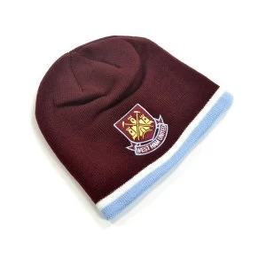 image of West Ham Classic Crest Youths Knitted Beanie Hat Claret Sky