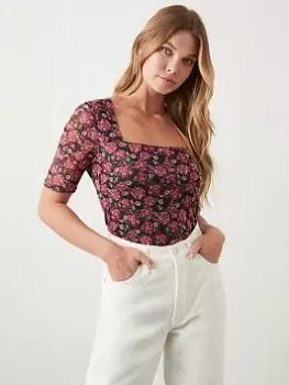 Image of Dorothy Perkins Square Neck Fitted Mesh Top - Multi, Size L, Women