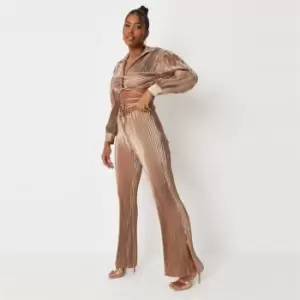 image of Missguided Satin Plisse Fit N Flare Tie Trouser - Neutral