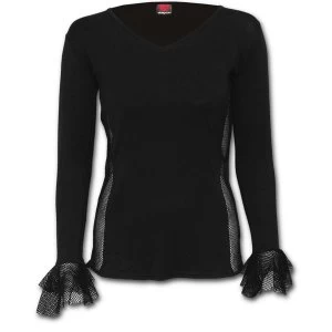 Image of Gothic Elegance Fish-Net Side And Cuff V-Neck Womens Large Long Sleeve Top - Black