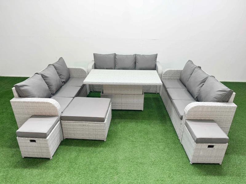 Image of Fimous PE Rattan Lounge Sofa Set 12 Seater Outdoor Garden Furniture Set with Adjustable Lifting Dining or Coffee Table 3 Seater Sofa 3 Stools Light Gr