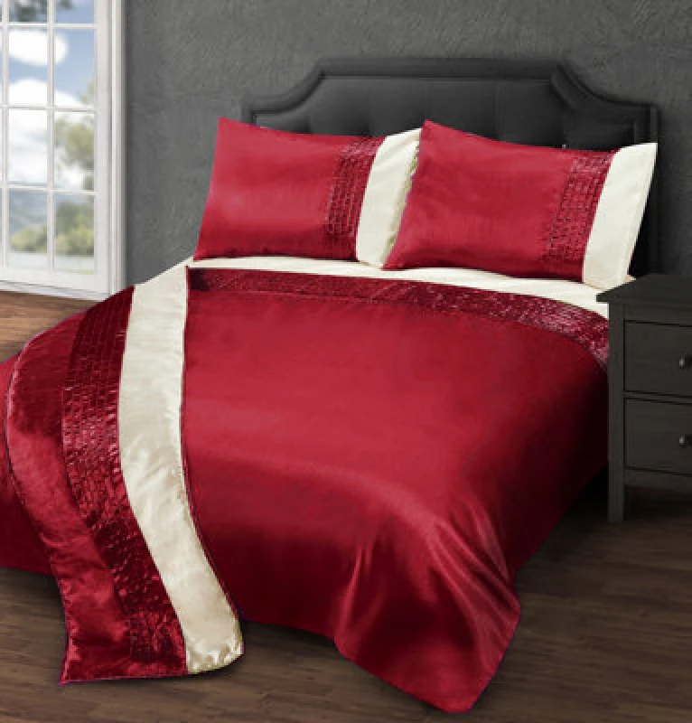 Image of Intimates Elegant Faux Silk Finish Duvet Cover & Pillowcase Set, Luxury Bedding Ensemble, Easy-Care Machine Washable - Red