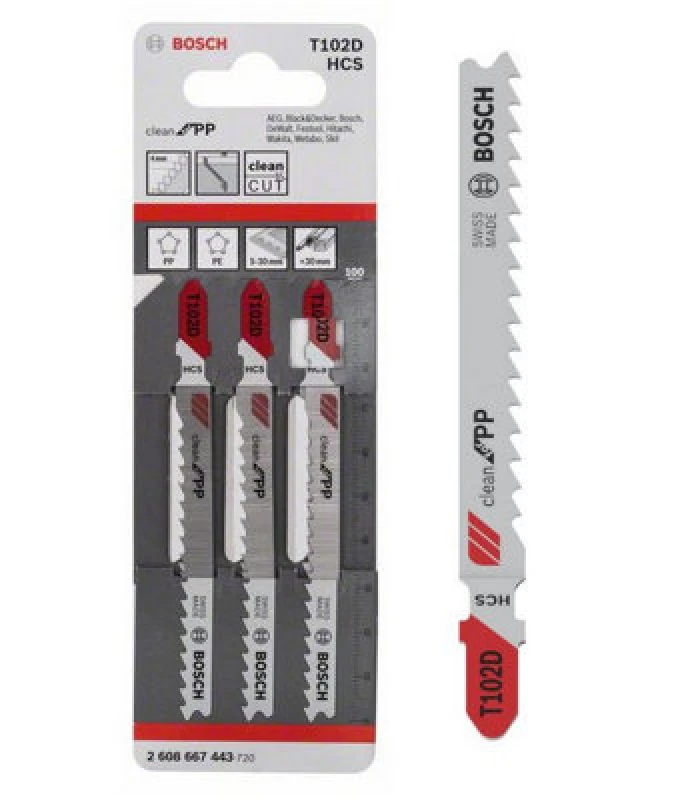 Image of Bosch PRO T102D Plastics PP Clean Cutting Jigsaw Blade 2608667443 Qty: Pack of 3