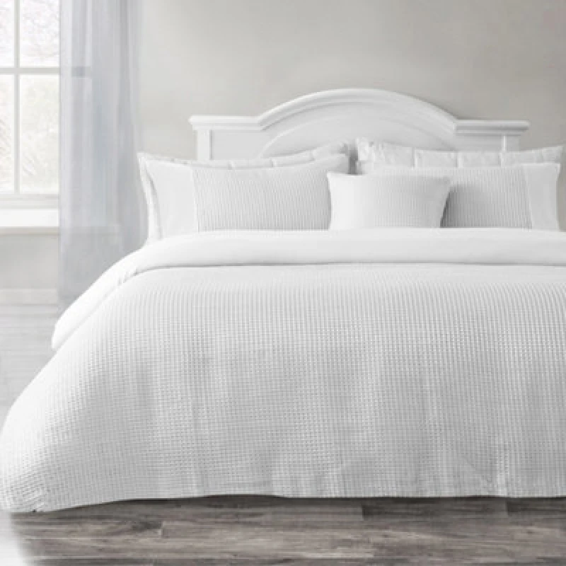 Image of Velosso Waffle Weave Duvet Cover Set With Pillowcases, Button Enclosure Textured Duvet, Easy-Care Quilt Cover - White