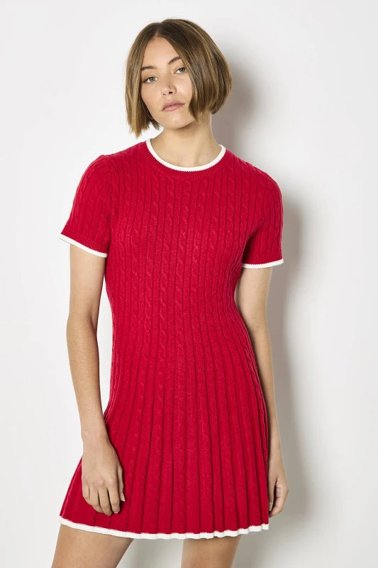 Image of Apricot Womens Cable Knit Skater Mini Dress in Red Size: 16 Red Female 16