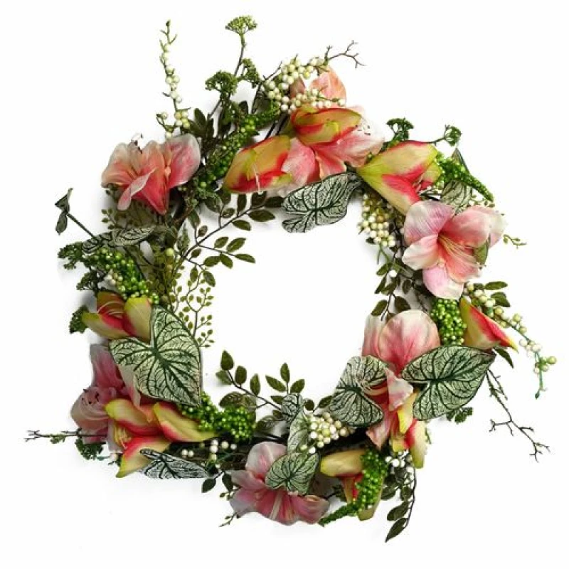 Image of Leaf 60cm Artificial Pink Lily Flower Wreath