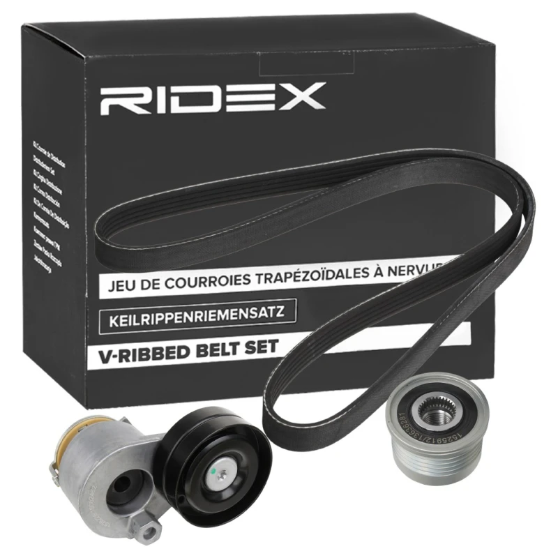 Image of RIDEX 542R0916 V-ribbed belt set Pulleys: with freewheel belt pulley V-Ribbed Belt Set (542)