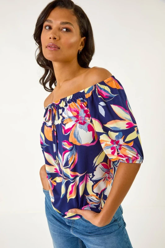 Image of Roman Floral Print Bardot Stretch Top Navy