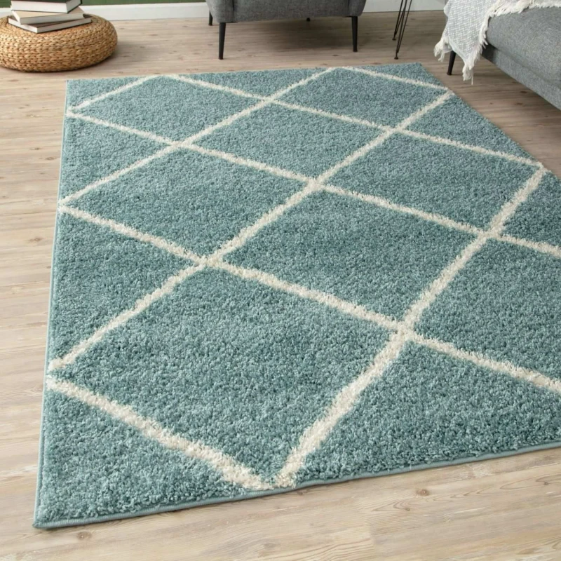 Image of THE RUGS Soft Diamond Shaggy Rugs & Runners Duck Egg Blue Living Room Size: 80cm x 300cm Duck Egg Blue Unisex 80cm x 300 cm