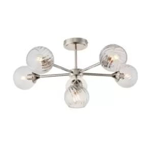 image of Allegra 6 Light Multi Arm Glass Shade Semi Flush Ceiling Lamp Bright Nickel