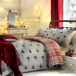 Image of Fusion - Robin Christmas 100% Brushed Cotton Flannelette Reversible Duvet Cover Set, Red, King
