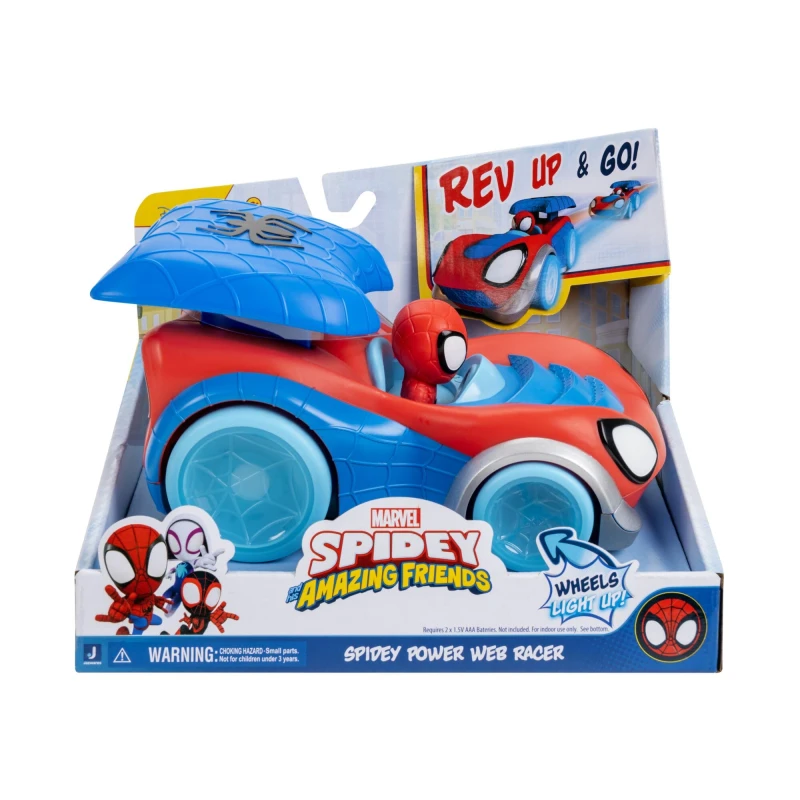 Image of SPIDEY AND HIS AMAZING FRIENDS MARVEL Power Web Racer - 8-Inch Vehicle with Rev Up Spoiler Light Up Wheels and Built-In-Character
