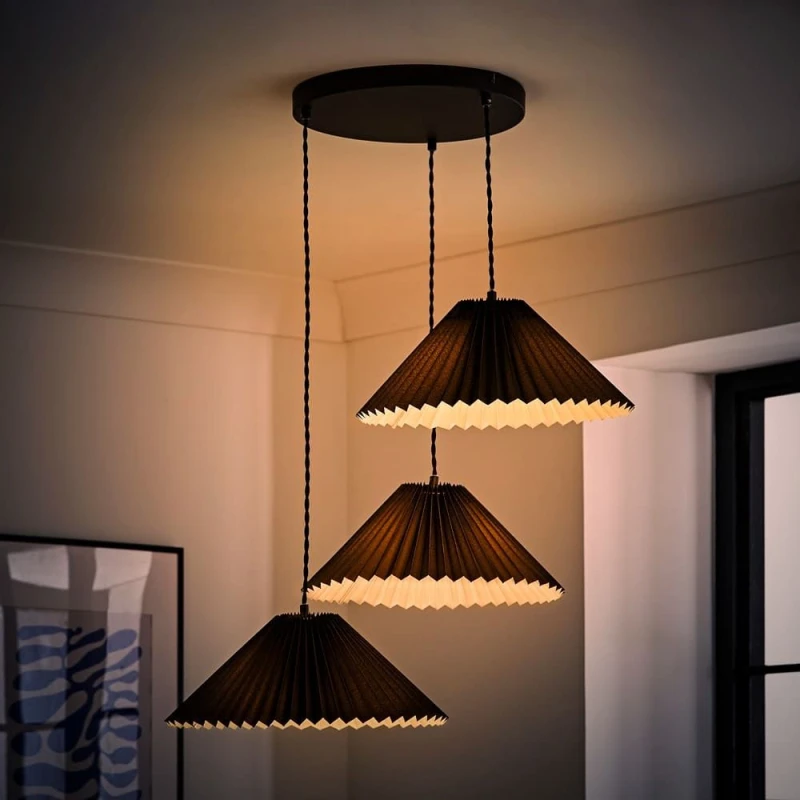 Image of ValueLights Akira Pleated 3 Way Triple Drop Ceiling Pendant Light with LED Bulbs Black