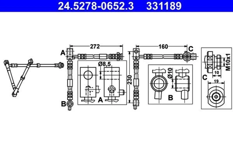 Image of ATE 24.5278-0652.3 Brake Hose without banjo bolt Brake Hose (83)